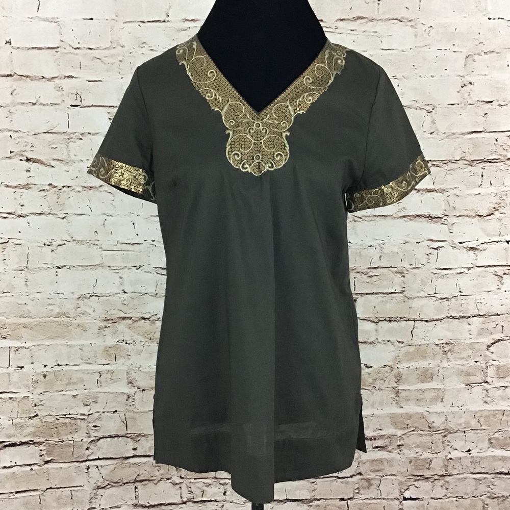 DANA BUCHMAN Olive & Gold Top Medium NWOT